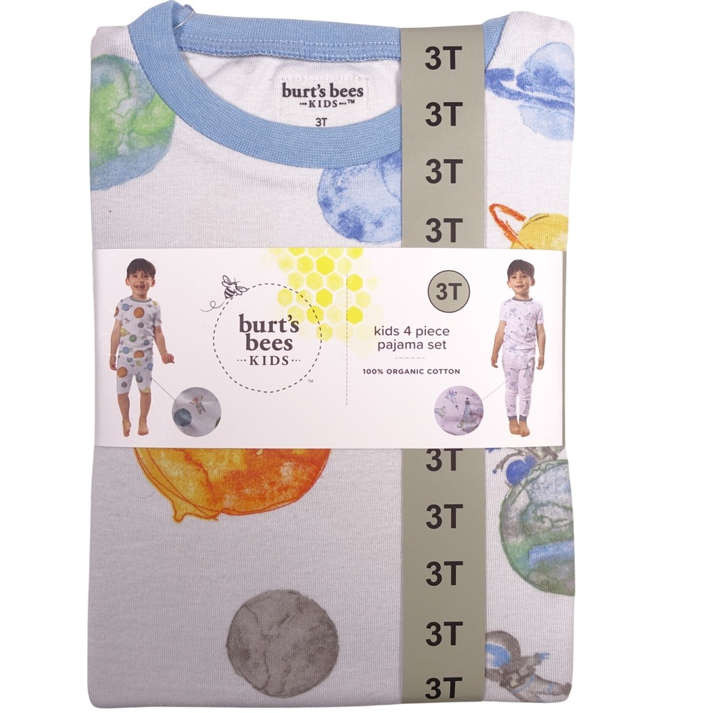 Burt's Bees Baby Kids 4 Piece Pajama Set 3T Organic Cotton Space Planets Blue